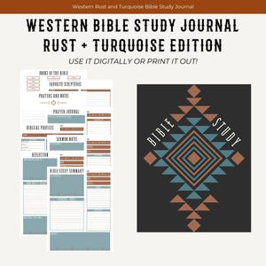 May include: A printable Bible study journal with a rust and turquoise color scheme. The cover features a geometric design with the words "Bible Study" in a white font.