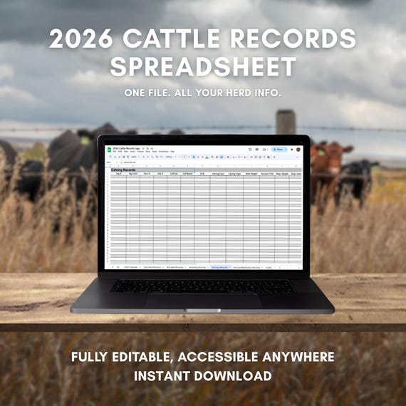 2026 Cattle Records Spreadsheet: Livestock Management (Digital Download)