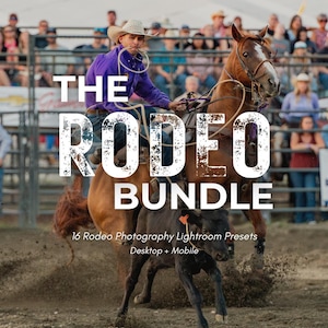 May include: A rodeo scene with a cowboy on a brown horse roping a calf. The image has text that reads "THE RODEO BUNDLE" and "16 Rodeo Photography Lightroom Presets Desktop + Mobile". The cowboy wears a purple shirt and a cowboy hat.