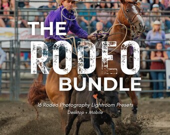 May include: A rodeo scene with a cowboy on a brown horse roping a calf. The image has text that reads "THE RODEO BUNDLE" and "16 Rodeo Photography Lightroom Presets Desktop + Mobile". The cowboy wears a purple shirt and a cowboy hat.