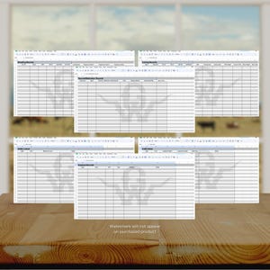 May include: Five spreadsheets with various farm record titles, including Breeding Records, Calving Records, and Expense Records, are displayed on a wooden table. The text "Watermark will not appear on purchased product" is visible at the bottom.