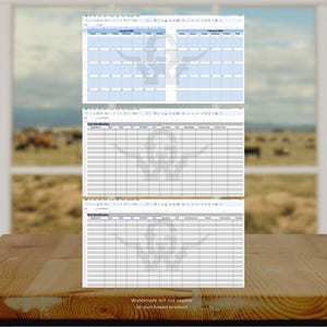 May include: A digital spreadsheet with a light blue calendar for January and February 2020, along with cow and bull identification forms. The image is on a wooden surface with a blurred outdoor background. The text "Watermark will not appear on purchased product" is visible.