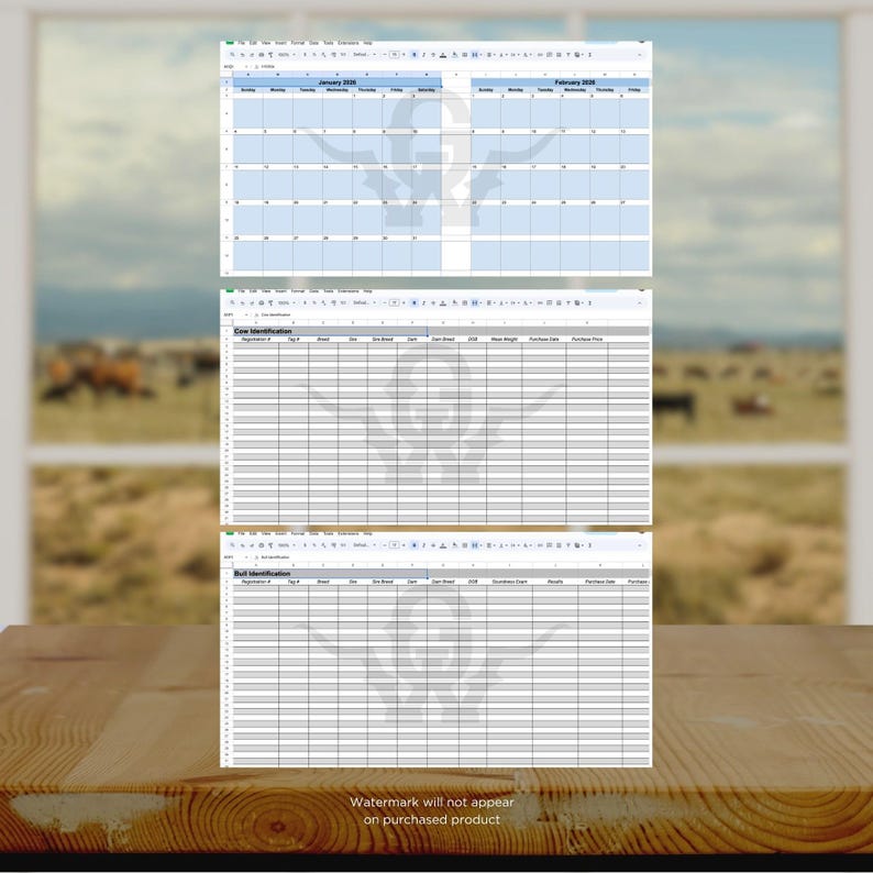 May include: A digital spreadsheet with a light blue calendar for January and February 2020, along with cow and bull identification forms. The image is on a wooden surface with a blurred outdoor background. The text "Watermark will not appear on purchased product" is visible.