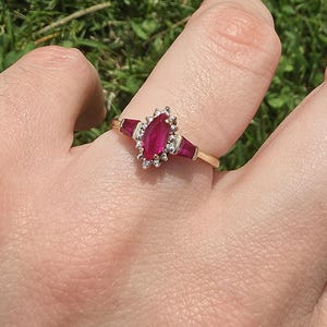 10k Gold Ruby & Diamond Ring Marquise Cut | Vintage Style | Size 6.75