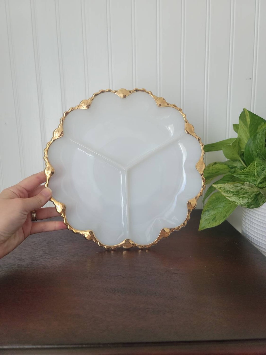 Vintage Divided Dish Milk Glass With Gold Trim Scalloped Etsy