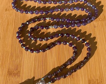 Dragon Vein agate and Amethyst Mala. 23 inch 108 Natural stone prayer beads.