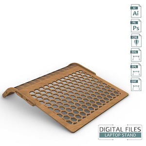 May include: A wooden laptop stand with a honeycomb design. The stand is angled for comfortable viewing and has a natural wood finish. Digital files for the stand are available in AI, PS, CDR, SVG, EPS, and DXF formats.  The text "DIGITAL FILES LAPTOP STAND" is printed below the stand.
