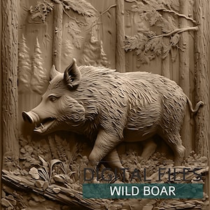Può includere: Una scultura 3D dettagliata di un cinghiale che cammina attraverso una foresta. Il cinghiale è raffigurato in uno stile realistico con pelliccia e zanne. Lo sfondo presenta alberi e fogliame.