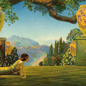 LOVELY VINTAGE PRINT, in the style of Maxfield Parrish, circa 1930, not a reproduction.