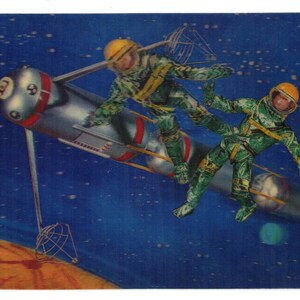 May include: Two astronauts in green and yellow space suits are floating in space, holding onto a silver and red spaceship. The spaceship has a large, round window and a small, round window. The astronauts are wearing helmets and have a blue background with stars.