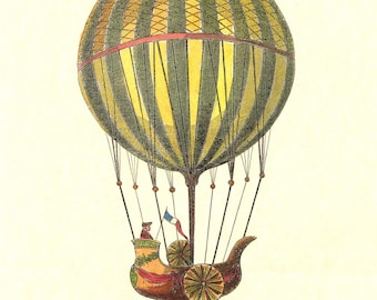 HOT AIR BALLOON lithograph. Circa 1950, original & vintage