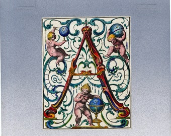 HAND COLORED LETTER A.  Rococo motif