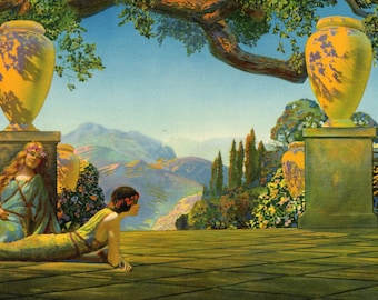 LOVELY VINTAGE PRINT, in the style of Maxfield Parrish, circa 1930, not a reproduction.