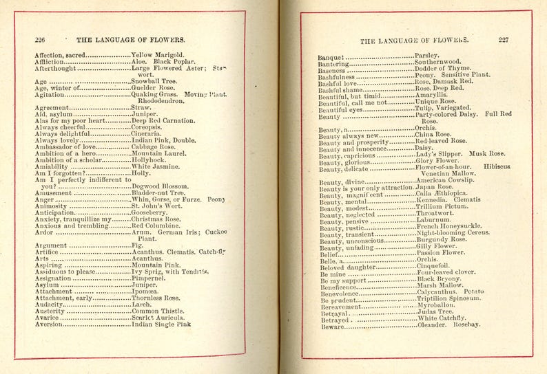 May include: Two-page spread from a vintage book titled "The Language of Flowers." The pages feature lists of flower names with associated meanings, printed in black ink on aged, cream-colored paper. The book is open to pages 206 and 227.