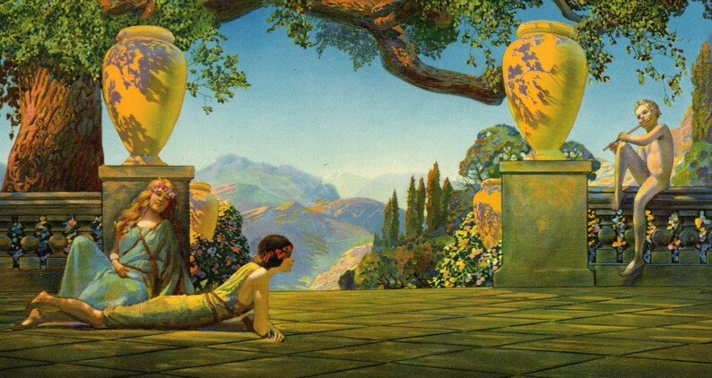 LOVELY VINTAGE PRINT, in the style of Maxfield Parrish, circa 1930, not a reproduction.