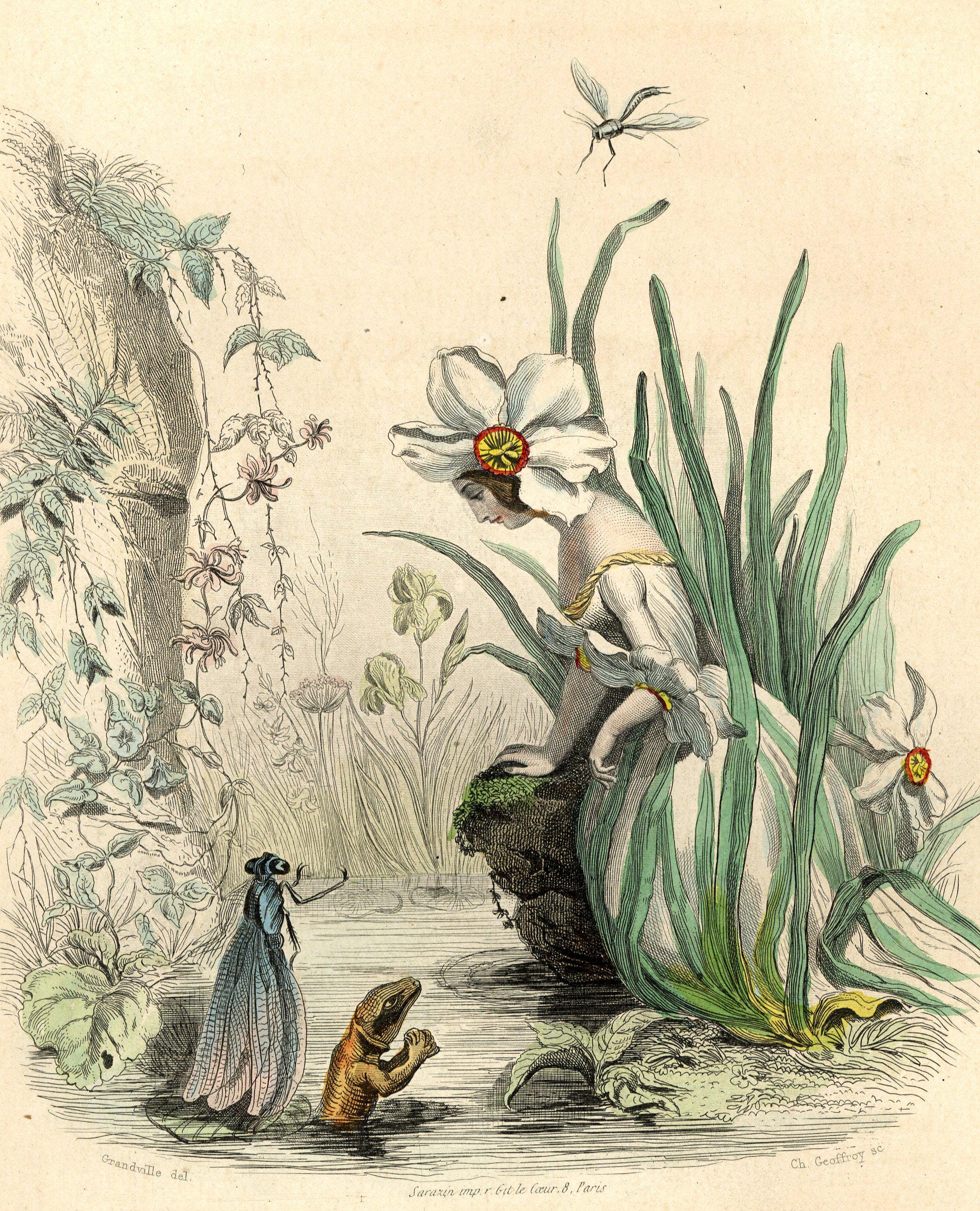 FRENCH HAND COLORED print. Flower-women, circa 1870. Antique-vintage