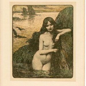 May include: An antique art print depicts a nude figure in water, leaning against a rock formation. The artwork features a muted color palette with shades of green, brown, and yellow, evoking a serene, natural scene. The woman has long, dark hair.