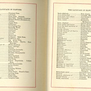 May include: Two-page spread from an antique book titled "The Language of Flowers." The left page lists flower meanings, including "Justice, do me" and "Love, ardent." The right page continues the list, with entries like "Love, platonic" and "Memory."