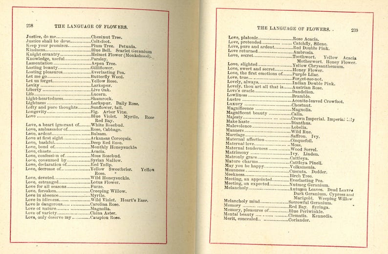 May include: Two-page spread from an antique book titled "The Language of Flowers." The left page lists flower meanings, including "Justice, do me" and "Love, ardent." The right page continues the list, with entries like "Love, platonic" and "Memory."
