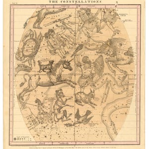 May include: An antique celestial map titled The Constellations, featuring detailed black ink illustrations of mythological figures and animals representing star patterns. The beige paper includes grid lines, star magnitude scales, and text labels.