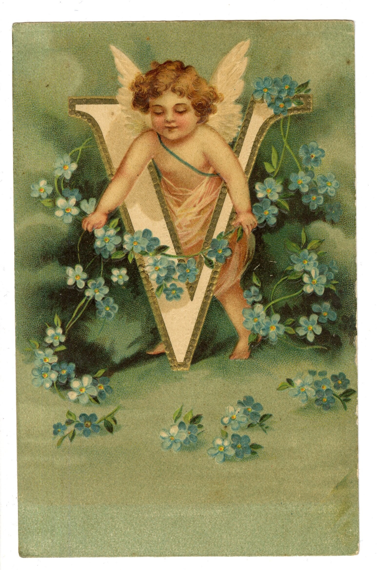 ANGEL ALPHABET POSTCARD, the Letter V. Circa 1920, Original and