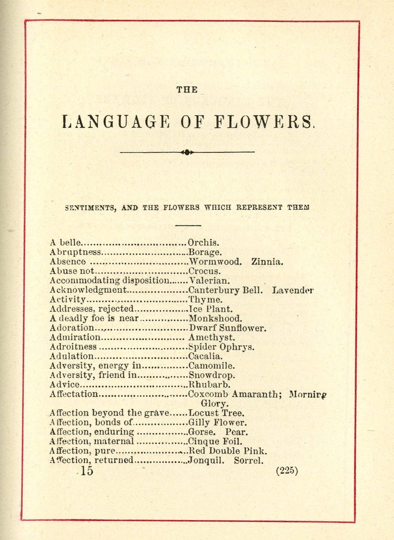 May include: A vintage book page titled "The Language of Flowers," listing sentiments and the flowers that represent them. The page has a red border and features a list of flowers like Orchis, Borage, and Wormwood.