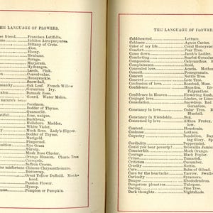 May include: Two-page spread from a vintage book titled "The Language of Flowers." The left page lists flower meanings from "Beware of a false friend" to "Chivalry." The right page lists meanings from "Cold-hearted" to "Dark thoughts."