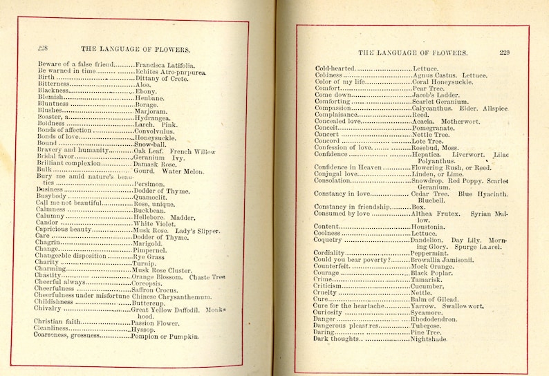 May include: Two-page spread from a vintage book titled "The Language of Flowers." The left page lists flower meanings from "Beware of a false friend" to "Chivalry." The right page lists meanings from "Cold-hearted" to "Dark thoughts."