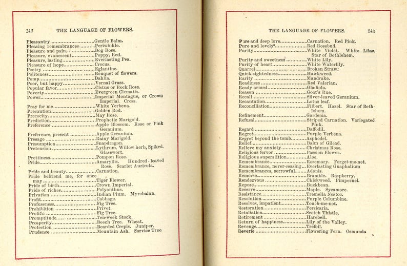 May include: Open book pages with text titled "THE LANGUAGE OF FLOWERS" and a list of flower meanings. The pages are aged with a red border. The text is in black font.
