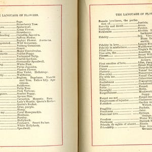 May include: Two-page spread from an antique book titled "The Language of Flowers." The pages are aged with text in black ink, listing flower meanings. The pages have a red border.
