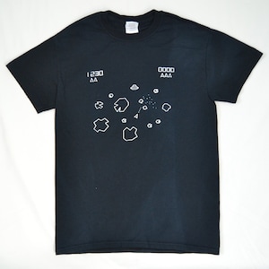Puede incluir: Camiseta negra con un gráfico blanco de un clásico juego de arcade Space Invaders. La puntuación es 1230 y el número de naves espaciales extraterrestres restantes es 0000.