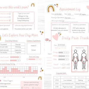 May include: A printable pain tracker and journal with a pink and brown rainbow design. The tracker includes sections for daily pain levels, pain relief methods, and mood levels. The journal includes sections for appointment logs, notes, and triggers.
