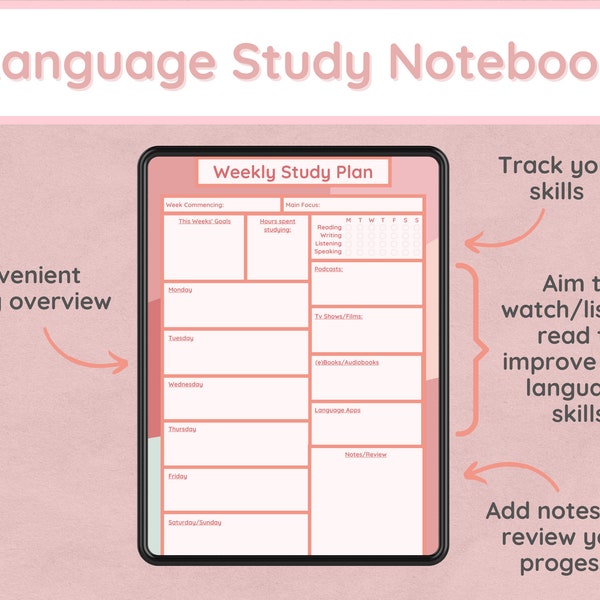 Language Learning Planner Notebook | Language Learning Digital Planner |  IPad Language Planner |  Study Journal