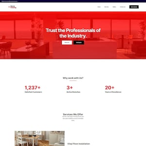 Könnte beinhalten: Homepage der Website von Alexis Flooring, einem Unternehmen für die Installation von Bodenbelägen. Die Website verfügt über ein rotes und weißes Farbschema mit Bildern verschiedener Bodenbelagsprojekte. Die Website enthält auch Erfahrungsberichte zufriedener Kunden und Informationen über die Dienstleistungen des Unternehmens.