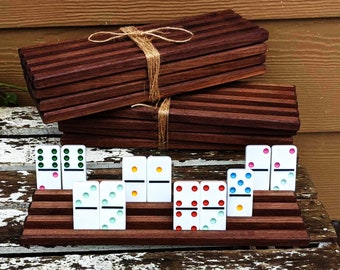 Juego de 2 soportes para dominó de madera de nogal, bandejas de madera para dominó, soportes para juegos de dominó, cuatro estantes para dominó, nogal negro, organizador de dominó, estante de azulejos