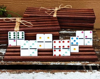 Juego de 4 soportes para dominó de madera de nogal, bandejas de madera para dominó, soportes para juegos de dominó, cuatro estantes para dominó, nogal negro, organizador de dominó, estante de azulejos