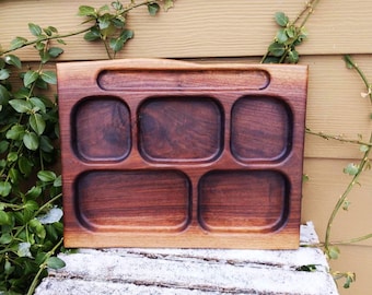 Plato de madera de nogal negro, bandeja de madera con compartimentos, platos no tóxicos, platos con separadores, platos de comida para niños, bandeja para refrigerios