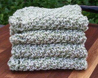 Set of 4 Washcloths, Hand Knit Dishrags, Sage Green Washcloth, Knitted Dish Rag Set, Cotton Washcloths, Kitchen Dishcloths, Cotton Washrag