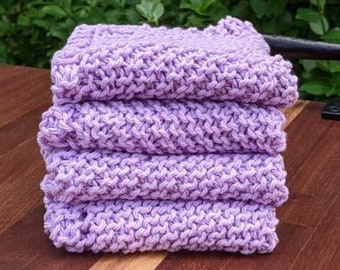 Set of 4 Dishcloths, Hand Knit Washcloths, Lilac Purple Washcloth, Knitted Dish Rag Set, Kitchen Dishcloths, Cotton Washrag, Dishrags