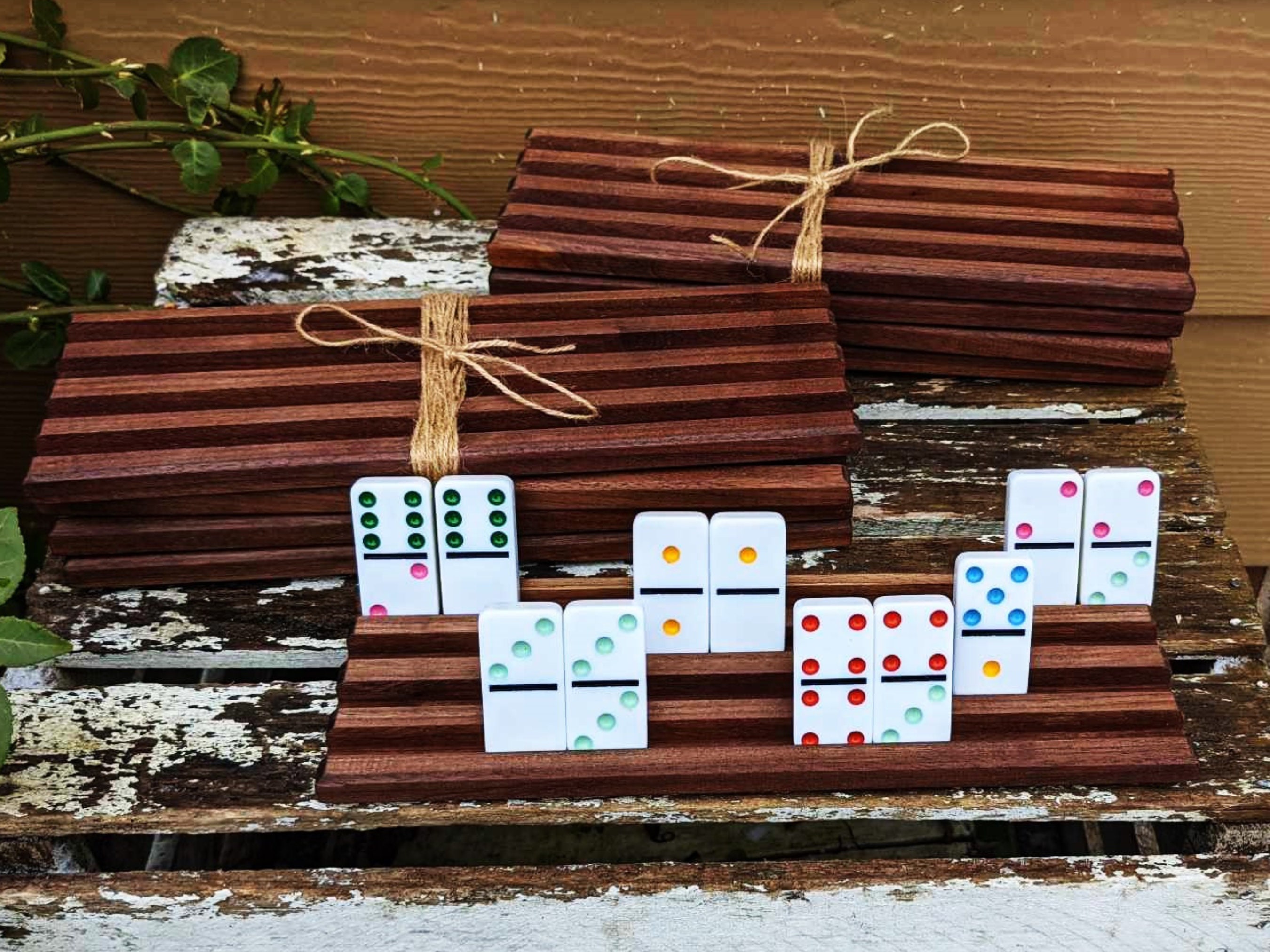 Rubber Domino Racks Set of 4 Walnut Wood Domino Holders, Wooden Domino Trays, Domino Game ...