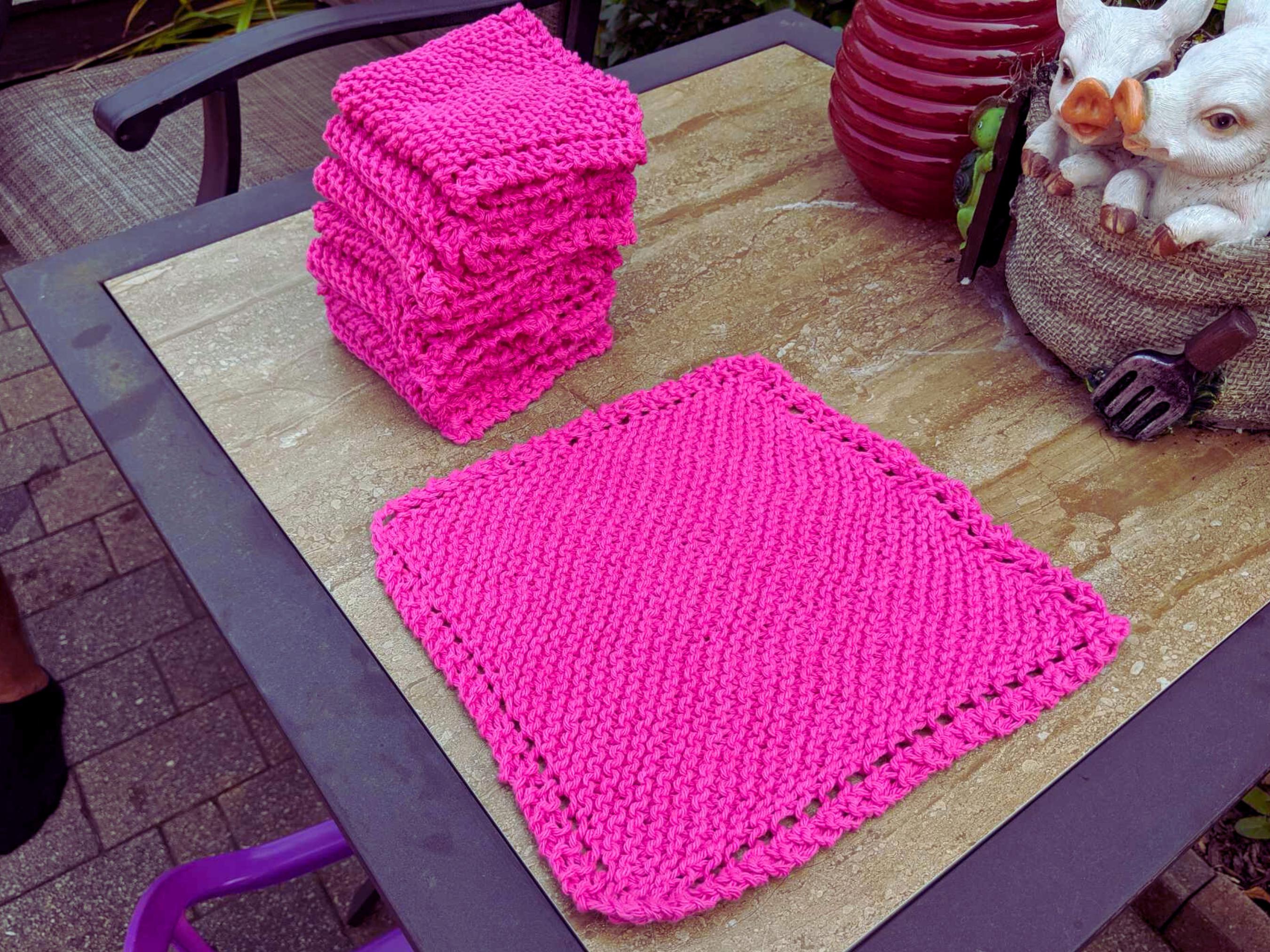 Netted Dish Rag Set of 4 Washcloths, Hand Knit Dishcloths, Magenta Kitchen Towel ...