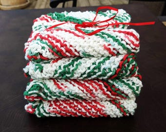Set of 4 Dishcloths, Hand Knit Washcloths, Christmas Washcloth, Knitted Dish Rag Set, Cotton Washcloths, Kitchen Dishcloths, Cotton Washrag