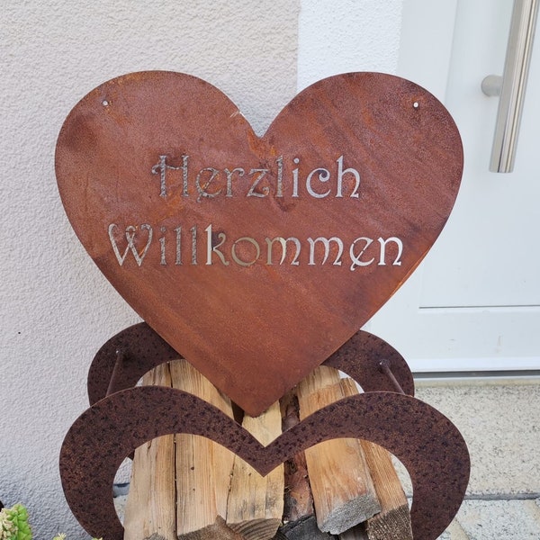 Herz Schild Herzlich Willkommen - Edelrost