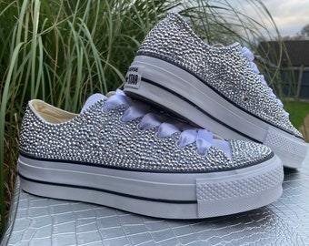 Embellished custom bling converse lift/platform low, bespoke diamonte rhinestone silver crystals ideal for a wedding or party.