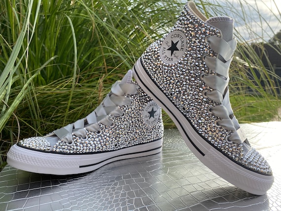 Shoes Womens Shoes Sneakers & Athletic Shoes Hi Tops Embellished custom bling converse lift/platform low bespoke diamonte rhinestone silver crystals ideal for a wedding or party. 