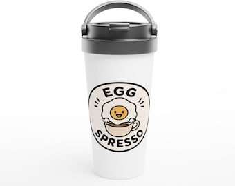 Eggspresso Travel Mug, Funny Coffee Lover Gift, 15oz Stainless Steel Travel Mug