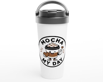Kawaii 'Mocha My Day' 15oz Stainless Steel Travel Mug - Keep Drinks Hot, Hearts Happy!