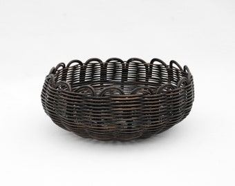 Black Reed Arch Basket Bowl | Hand Woven Display Basket  | Decorative Object for Mantle or Coffee Table