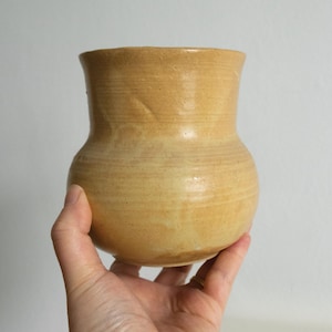 Peut inclure: Un vase en céramique fait à la main, de couleur marron clair, avec un corps arrondi et un bord légèrement évasé. Le vase a une surface texturée et est tenu par une main. C'est un objet décoratif.