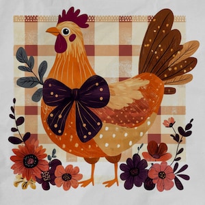May include: A whimsical illustration of a rooster with orange and brown feathers, a dark purple bow tie, and a red comb. The rooster is set against a plaid background and surrounded by flowers in shades of red, orange, and purple.